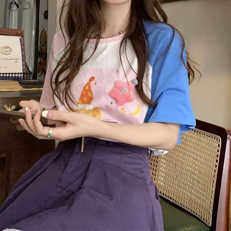 Tシャツ 立体スター クマちゃんプリント バイカラー ラグランスリーブ 半袖 オーバーサイズ トップス レトロ 韓国ファッション レディース 大人可愛い ガーリー DTC-773427210950