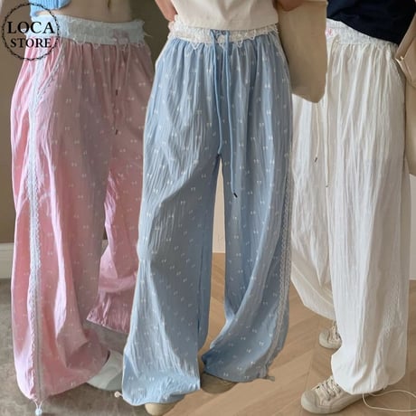 リボン柄 ワイドパンツ レース ドロスト 薄手 ハイウエスト ボトムス ルーズ レトロ 韓国ファッション レディース 大人可愛い ガーリー DTC-804871755526