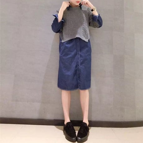 レディース ドッキングワンピース デニムシャツ ワンピース ニット マタニティ ガーリー フェミニン 韓国ファッション (DCT-557459370190)