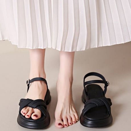 クロスストラップ 厚底 サンダル 22.5～25.0cm 太ヒール 厚底ソール アンクルストラップ 美脚 キュート かわいい 歩きやすい おしゃれ DTCA-777519824673