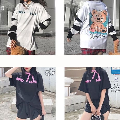 ユニセックス Tシャツ 半袖 KOOKY BEAR クマ バックプリント オーバーサイズ カジュアル ストリート系ファッション 韓国ファッション メンズ レディース DTC-706524874206