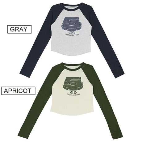 ロンT クロップド丈 ナンバープリント ラグランスリーブ ショート丈 トップス tシャツ スリムフィット 長袖 レトロ 大人可愛い ガーリー カジュアル DTCA-860701868371