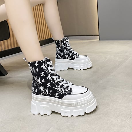 厚底 キャンバススニーカー ハイカット 22.5～24.5cm シューレース サイドファスナー 英字柄 ベーシック カジュアル 大人可愛い ガーリー DTC-650901386927
