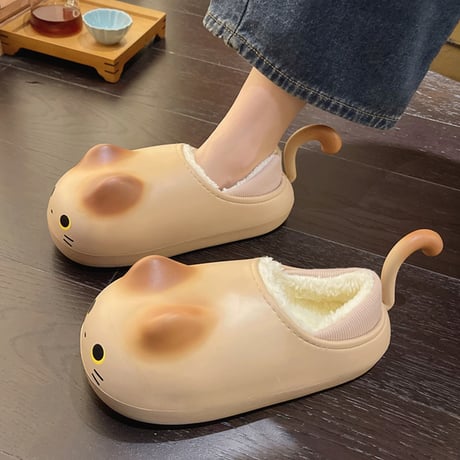 ネコ 尻尾付き スリッパ 23.0～25.0cm インナーボア 猫 ルームシューズ 防寒 EVA もこもこ 軽量 暖かい かわいい 韓国ファッション レディース DTC-740844337006