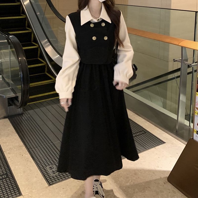 ドッキングワンピース フェイクレイヤード ダブルボタン