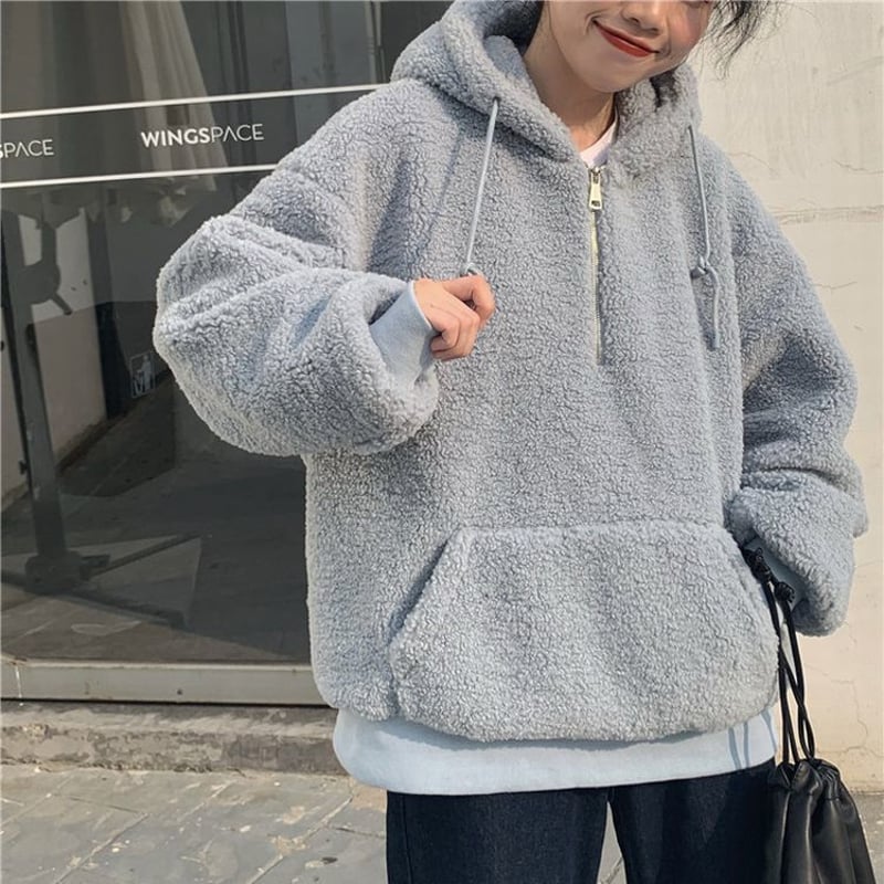 【大人気】ボアトップス　バイカラー　2XL　ハーフジッパー　ロゴ　韓国　藍色　冬