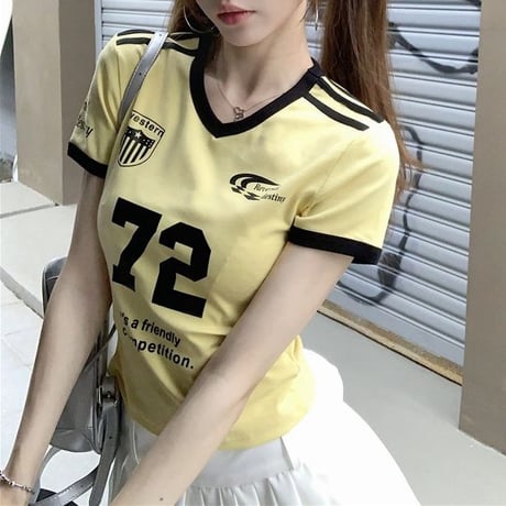 Tシャツ ユニフォーム風 サイドライン Vネック ショート丈 バイカラー トップス 半袖 レトロ 韓国ファッション レディース 大人可愛い ガーリー スポーツミックス DTC-802799667904