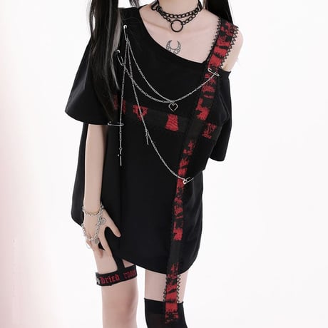 ワンショルダー Tシャツ ストラップ チェーン付き 肩出し トップス アシンメトリー ルーズ 半袖 Y2K レトロ 韓国ファッション レディース 大人可愛い ガーリー DTC-800436724194