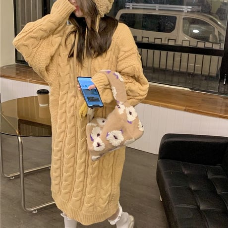 ケーブル編み ニットワンピース ロング丈 ニット 長袖 ゆったり クルーネック ルーズウエスト 韓国ファッション レディース カジュアル 大人可愛い ガーリー DTC-665138187843