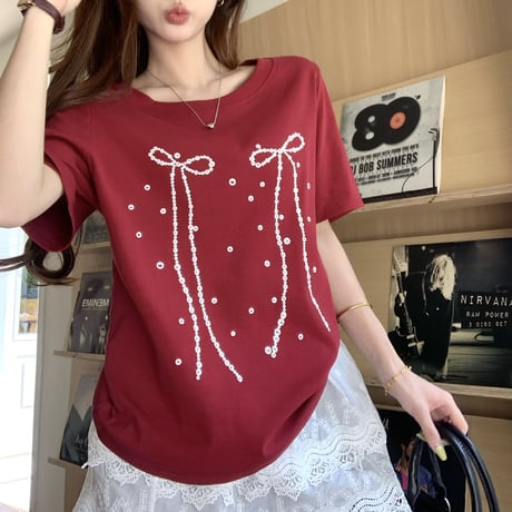 リボンプリント Tシャツ オーバーサイズ トップス ルーズ ゆったり 半袖 レトロ  大人可愛い ガーリー カジュアル フェミニン DTCA-780996917013