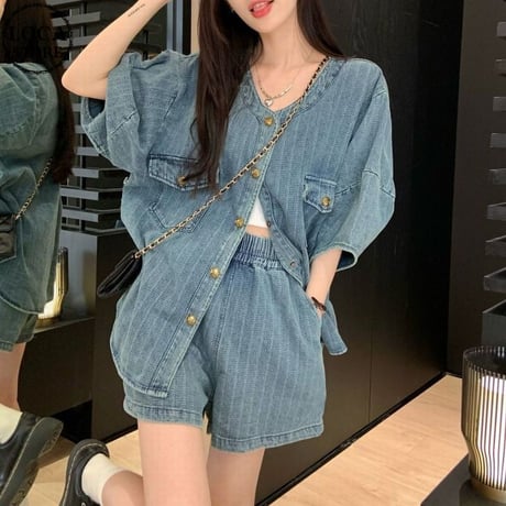 セットアップ デニム ノーカラージャケット ショートパンツ 半袖 ハイウエスト レトロ 韓国ファッション レディース 大人可愛い ガーリー カジュアル DTC-709104321762