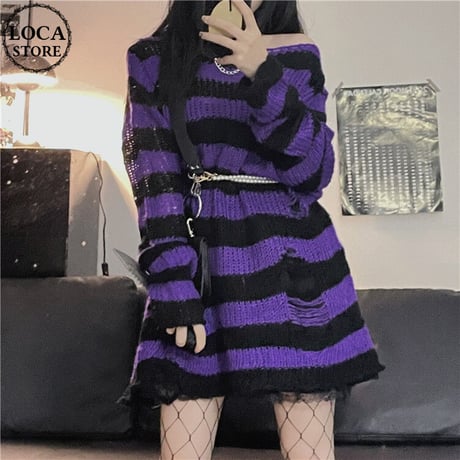 ダメージニット ボーダーニット パープル 紫 ダメージ加工 ニット ドロップショルダー オーバーサイズ 薄手 ロング丈 韓国ファッション レディース 暗黒系 DTC-664789850051