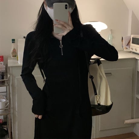 フード付き ニットワンピース ハーフジップ スリム ロングワンピース ニット ハイウエスト 長袖 レトロ 韓国ファッション レディース 大人可愛い ガーリー DTC-737695949703