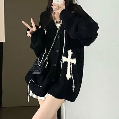 ユニセックス ニット カーディガン クロスデザイン Vネック オーバーサイズ 長袖 カジュアル 韓国ファッション メンズ レディース 韓国ストリートファッション DACA-816581739227