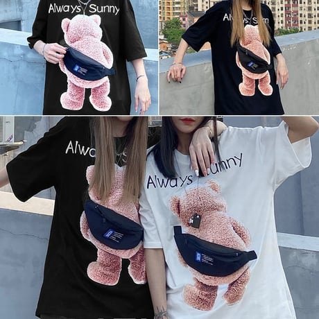 ユニセックス ポシェット付き Tシャツ 半袖 クマちゃん ベアー オーバーサイズ カジュアル ストリート系ファッション 韓国ファッション メンズ レディース DTC-671745607543