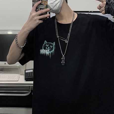 ユニセックス Tシャツ ネコプリント バックプリント 半袖 韓国ファッション メンズ レディース 大きめ ルーズ カジュアル ストリート系 DTC-638753135798