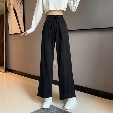 ワイドパンツ ワイドレッグパンツ ウエスト紐 ロング ゆったり ハイウエスト ウエストゴム レトロ 韓国ファッション レディース 大人可愛い ガーリー カジュアル DTC-652781317618