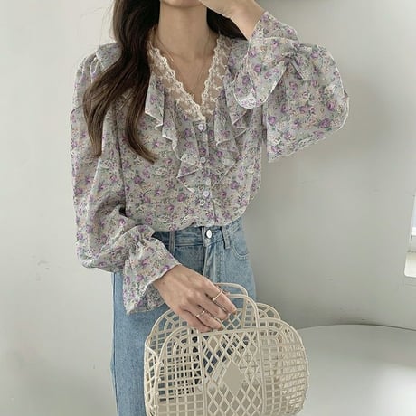 花柄 ブラウス レース フリル Vネック シフォン シャツ トップス ゆったり ルーズ 長袖 レトロ 大人可愛い ガーリー フェミニン DTCA-945596197065
