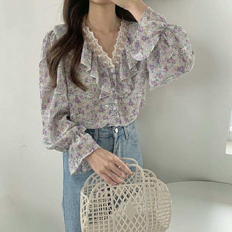 花柄 ブラウス レース フリル Vネック シフォン シャツ トップス