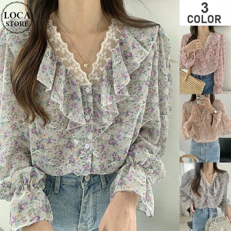 花柄 ブラウス レース フリル Vネック シフォン シャツ トップス ゆったり ルーズ 長袖 レトロ 大人可愛い ガーリー フェミニン DTCA-945596197065