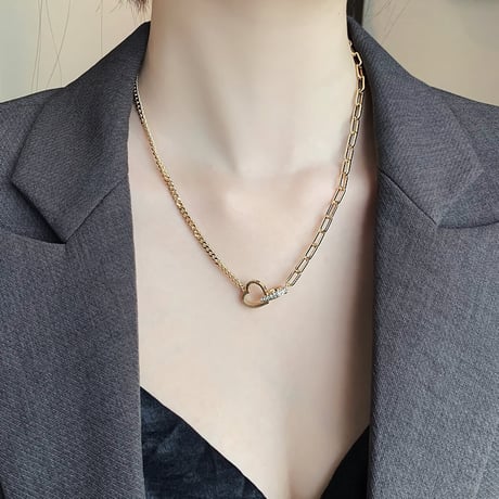 ダブルハート ネックレス CZ チェーン付き レディース ペンダント 合金 アクセサリーDTC-633357761746)