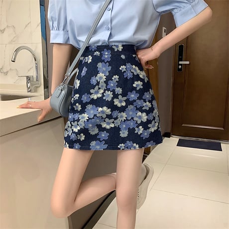 花柄 デニムスカート ミニスカート デニム 総柄 ハイウエスト レトロ 韓国ファッション レディース 大人可愛い ガーリー フェミニン カジュアル DTC-643028662409
