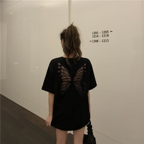 Tシャツ 半袖 シースルー バタフライ ブラック 韓国ファッション レディース トップス ラウンドネック かわいい セクシー カジュアル シンプル ガーリー DTC-637997295433_bk
