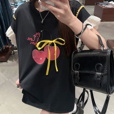 Tシャツ リボン さくらんぼプリント フライングスリーブ レース トップス 半袖 オーバーサイズ レトロ 韓国ファッション レディース 大人可愛い ガーリー DTC-809879124637