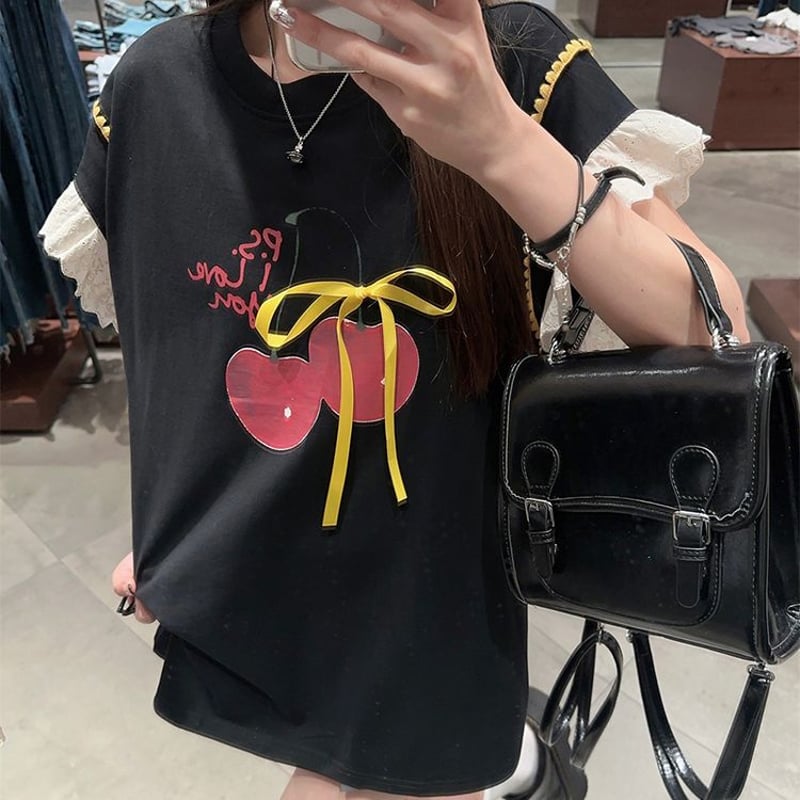 Tシャツ リボン さくらんぼプリント フライングスリーブ レース