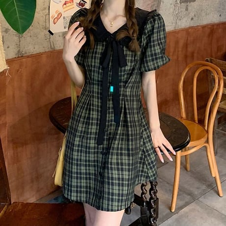 ワンピース チェック柄 リボンタイ パフスリーブ ミニワンピース ハイウエスト 半袖 レトロ 韓国ファッション レディース 大人可愛い ガーリー DTC-675131597297)