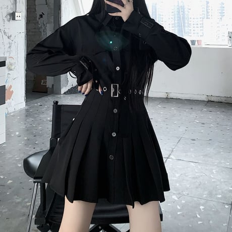 シャツワンピース プリーツ ウエストマーク 袖ベルト プリーツスカート Aライン 長袖 レトロ 韓国ファッション レディース 大人可愛い ガーリー ゴシック 暗黒系 DTC-636037263078