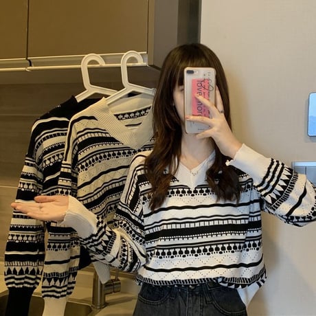ニットセーター ジャカード Vネック ショート丈 長袖 ルーズ レトロ 韓国ファッション レディース 大人可愛い ガーリー DTC-658384210039