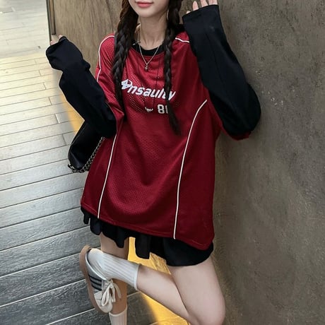 フェイクレイヤード Tシャツ 重ね着 ナンバー ロンT オーバーサイズ トップス 長袖 レトロ 韓国ファッション レディース 大人可愛い ガーリー スポーツミックス DTC-818770841972