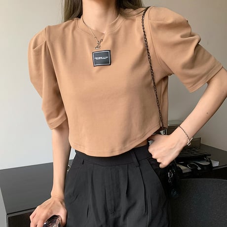 クロップド丈 Tシャツ へそ出し パフ袖 半袖 ラウンドネック ルーズ 韓国ファッション レディース ショート丈 トップス カットソー 夏 大人可愛い ガーリー DTC-641446398844