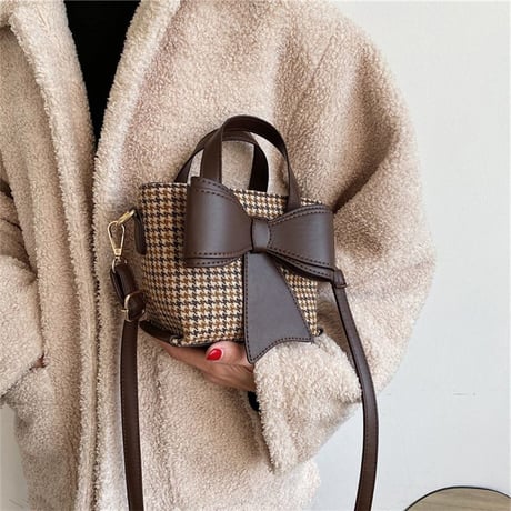 2WAY ハンドバッグ ショルダーバッグ ミニバッグ 千鳥格子 リボン チェック柄 バッグ 鞄 レトロ ホワイト ブラック ブラウン DTC-631010281178