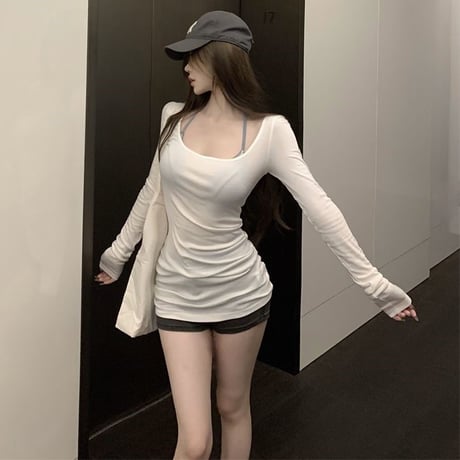tシャツ スリムフィット ロンt 薄手 Uネック 無地 トップス 長袖 シンプル レトロ 韓国ファッション レディース 大人可愛い ガーリー DTCA-806185686924