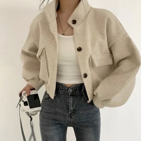 ブルゾン ジャケット アウター ショート丈 ウールタッチ 立ち襟 スタンドカラー ゆったり ルーズ レトロ 大人可愛い ガーリー カジュアル DTCA-747100073929