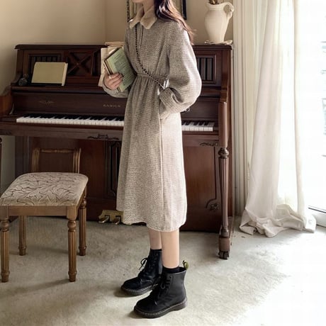 ボアカラーワンピース ボア襟 長袖 Aライン 韓国ファッション レディース ワンピース フレアワンピース 可愛い ガーリー DTC-629005220303
