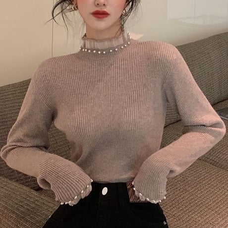 ニット パール レース フリル トップス リブニット スリムフィット ハーフハイネック タイト 長袖 レトロ 韓国ファッション レディース 大人可愛い ガーリー DTCA-774484225398