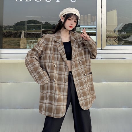 チェック柄 テーラードジャケット ルーズ 韓国ファッション レディース ジャケット ダブルブレスト 大人可愛い ガーリー 大人カジュアル カジュアル DTC-627460867022