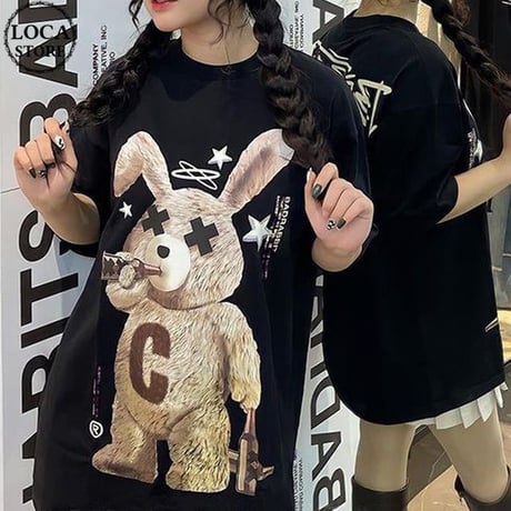 ユニセックス Tシャツ 半袖 BADRABBIT ウサギ ラビット オーバーサイズ 韓国ファッション メンズ レディース カジュアル 韓国ストリートファッション DTC-678126728553