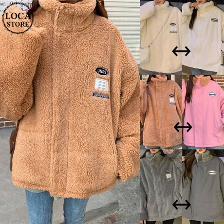 リバーシブル 2way ボアジャケット ボアブルゾン アウター 両面 暖かい 防寒 もこもこ ゆったり レトロ ガーリー カジュアル ストリートファッション DTC-658868200704