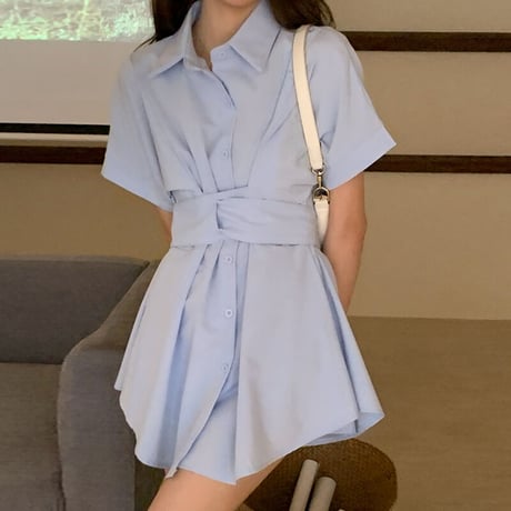 2点セット シャツワンピース ショートパンツ ブラウスワンピース ウエストマーク 半袖 チュニック ハイウエスト 韓国ファッション レディース 大人可愛い ガーリー DTC-675502556597