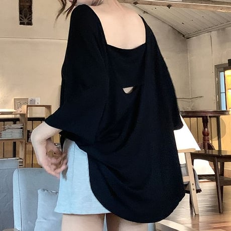 バックオープン Tシャツ 背中開き オーバーサイズ ドロップショルダー トップス ルーズ レトロ 韓国ファッション レディース 大人可愛い ガーリー DTC-810583573440