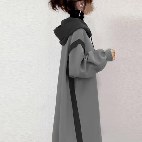 パーカーワンピース ハーフジップ ロングワンピース フード付き ワンピース バイカラー 切り替え 長袖 レトロ 大人可愛い ガーリー カジュアル DTCA-747683807821