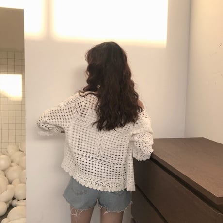 サマーニット カーディガン 透かし編み レース 薄手 ショート丈 7分袖 ベルスリーブ レトロ 韓国ファッション レディース 大人可愛い ガーリー DCT-572351253343