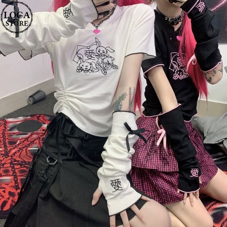 セットアイテム tシャツ アームウォーマー アームカバー 半袖 トップス 2点セット レトロ 大人可愛い ガーリー カジュアル DTC-638967987367