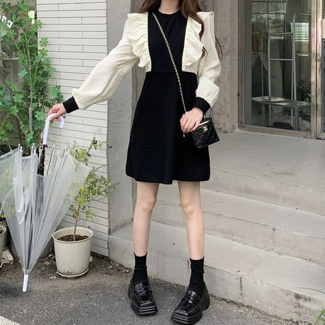 フリル ワンピース バイカラー パフスリーブ ハイウエスト 長袖 Aライン シンプル レトロ 韓国ファッション レディース 大人可愛い ガーリー DTC-683186066319