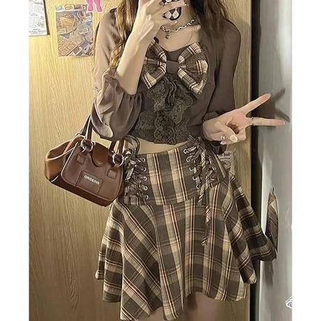 セットアップ チェック柄 大きなリボン ブラウス プリーツスカート レースアップ 編み上げ ミニスカート ハイウエスト Aライン 長袖 レトロ 大人可愛い ガーリー DTCA-708968109680