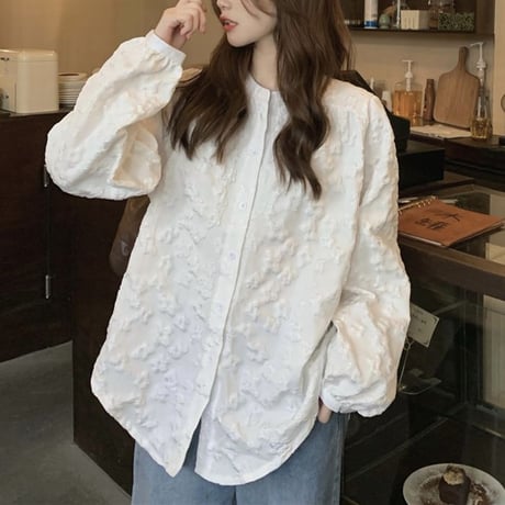 ブラウス エンボス風 総刺繍 ノーカラー シャツ トップス 長袖 レトロ 韓国ファッション レディース 大人可愛い ガーリー フェミニン DTC-666765737982